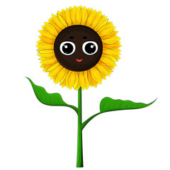 Sunflower isolated on white. Fun  sunflower cartoon character. Cute baby flower smiling. Sunflower plant for kids. Happy kawaii style flower icon. Sunflower vector illustration. Close up.