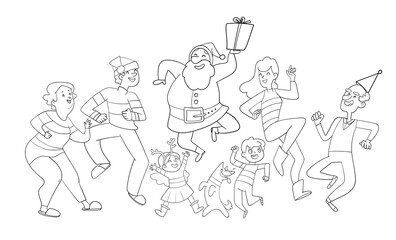 Fototapeta na wymiar Big family celebrates Christmas with Santa and have fun dancing together