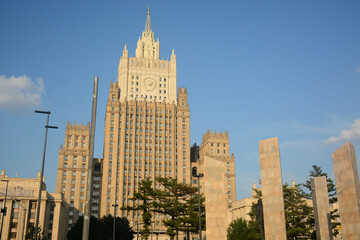 Fototapeta na wymiar MOSCOW, RUSSIA - JULY 15, 2021: Building of The Ministry of Foreign Affairs of Russia