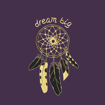 Vintage dreamcatcher with feathers and hand lettering Dream Big. Boho decoration ring illustration