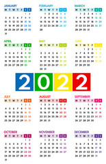 2022 pocket calendar, first day monday, two weekends, colorful on white background, vertical layout, vector illustration