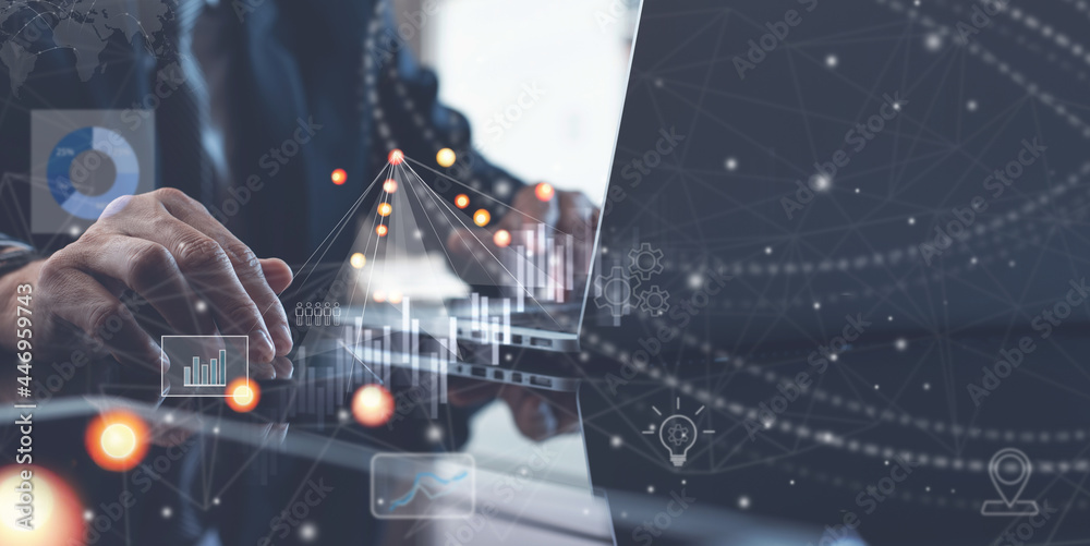 Poster businessman using laptop computer with big data, global structure networking and data exchanges cust