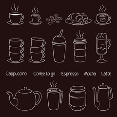 Coffee shop, cafe and vendors decoration. Vector set. Isolated cartoon items on brown background. For Caps, bowls, paper cups, bakery and other stuff. 