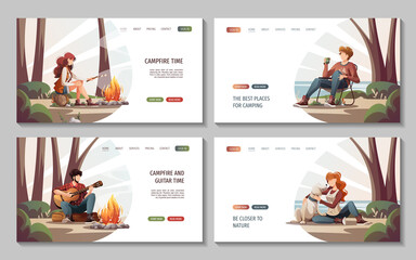 Set of web pages with people sitting in the campsite in nature. Summertime camping, traveling, trip, hiking, camper, nature, journey concept. Vector illustration for poster, banner, website.