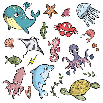 Sea animals on white background Cute Cartoon Vector illustration