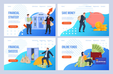 Obraz na płótnie Canvas Collection of finance services landing page vector flat illustration. Banking industry homepage
