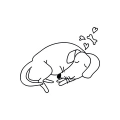 Cute dog sleep and dreaming. Doodle vector illustration. Isolated on a white background.