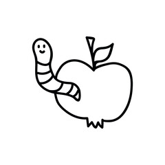 Single hand drawn apple with a worm. Doodle vector illustration. Isolated on a white background.