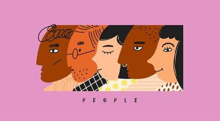 Various faces. Stylish characters in a row. Abstract people portraits. View from side. Collage of different profiles. Hand drawn colored trendy Vector illustration. Poster, print or banner template
