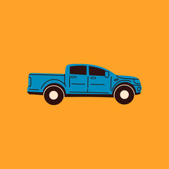 Blue pickup car or truck. Side view. Colored isolated Icon. Logo, print template. Automobile, Vehicle, motor transport concept. Cartoon style. Hand drawn trendy Vector illustration - obrazy, fototapety, plakaty