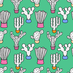 Fototapeta premium Cactus doodle seamless pattern vector illustration. Exotic plant.