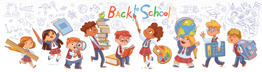 Back to school. Little children holding big school stationery. Long banner © kharlamova_lv