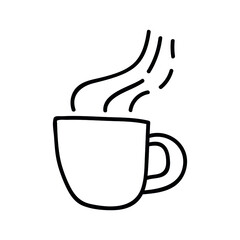 Single hand drawn cup of coffee, cappuccino, chocolate, cocoa, americano or tea. Doodle vector illustration. Isolated on a white background.