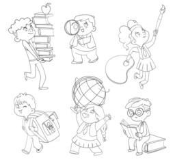 Little children holding school stationery. Coloring book