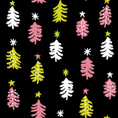 Obraz premium Modern christmas seamless pattern with colorful christmas trees in fun, bright colors and black. Winter vector design for gift wrap, scrapbooking, wallpaper, home decor, kids clothing, fabric.