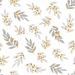 Fototapeta na wymiar Winter floral seamless pattern. Christmas doodle vector illustration. Leaves, branches, berries. 