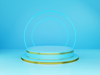 Blue round podium with gold trim With blue neon lights in studio platform for placing products or making advertising materials on modern websites - 3D rendering, abstract background.