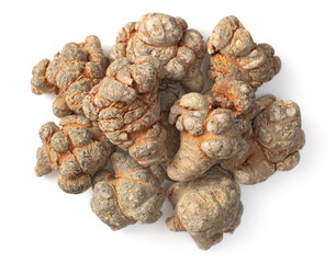 Dried Panax notoginseng roots isolated on white background, top view
