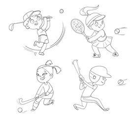 Team olympic sport. Field hockey, baseball, tennis, golfing. Set