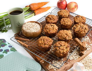 Freshly baked carrot apple oatmeal muffins.