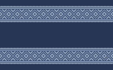 Embroidered pattern Vector illustration. Light blue stitch on indigo blue background. Abstract stitch pattern in Thai hill tribe style. Idea for printing on fabric, wallpaper or other decoration.