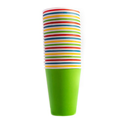 Multicolored paper cups, disposable cups on a white background.