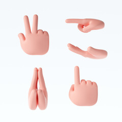 3D Cartoon hand gestures icons set on isolated white background. 3d render illustration