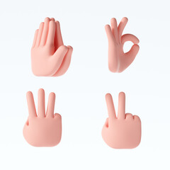 3D Cartoon hand gestures icons set on isolated white background. 3d render illustration