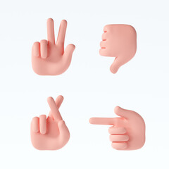 3D Cartoon hand gestures icons set on isolated white background. 3d render illustration