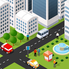 Lifestyle illustration of the city block with people, houses and streets