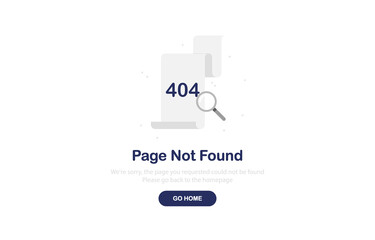 Vector illustration 404 error page not found banner. Document with magnifier. Flat design. Web Template. Gray. Eps 10