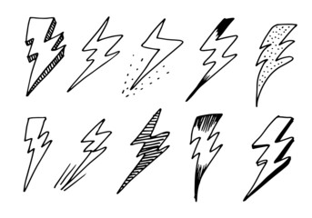 set of hand drawn vector doodle electric lightning bolt symbol sketch illustrations. thunder symbol doodle icon .
