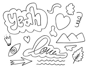 set of doodle design elements isolated on a white background for design concepts like heart, mountains, leaf, swirl,eye and others.