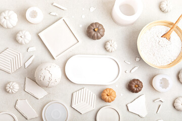 Handmade craft molds, plaster powder and gypsum objects for interior decoration
