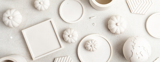 Handmade craft gypsum objects for interior decoration. Artisan, small business, diy, hobby idea