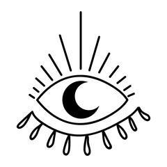 Black outline eye with moon in modern mystical style. Vector magic illustrations. Hand drawn doodles sketch isolated on white background.