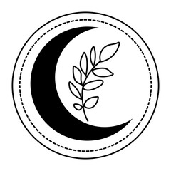 Black outline moon with leaves in modern style. Hand drawn mystical symbol isolated on white background. Vector magic illustrations.
