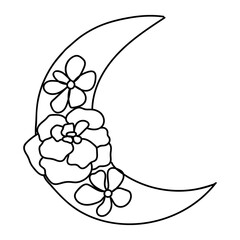 Black outline boho moon with flowers in modern style. Hand drawn mystical symbol isolated on white background. Vector magic illustrations.