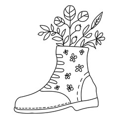 Black outline boot with flowers and leaves in modern boho style. Vector illustrations. Hand drawn shoes isolated on white background.