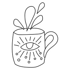 Black outline cup with mystical eye symbol in modern boho style. Vector magic illustrations. Hand drawn line art isolated on white background.