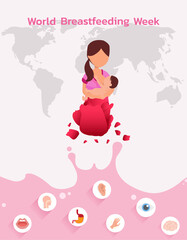 Obraz na płótnie Canvas World Breastfeeding Week, 1-7 August. banner, mother day clip art. Child drinks milk from the female breast. 