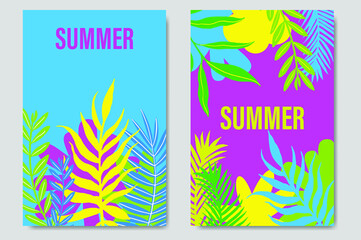 Set summer cards perfect for prints, flyers, banners, invitations, special offer. Tropical background. Palm trees. Summer landscape. Summer vacation concept. Vector illustration.