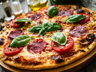 Circle pepperoni pizza with mozzarella, salami and tomatoes on wooden table