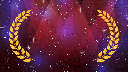 表彰式のイメージ_スポットライトと打ち上げ花火の背景イラスト_月桂樹のフレーム_16:9