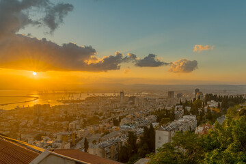 Sunrise view of downtown Haifa, Bahai Shrine and harbor