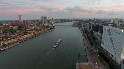 Aerial city view of Rotterdam with river