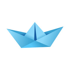 Vector illustration of a folded paper boat. One blue kids origami boat for games and ideas.