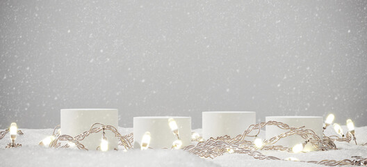 Minimal product background for Christmas and winter holiday concept. White podium and snow falling on grey background. 3d render illustration. Clipping path of each element included.