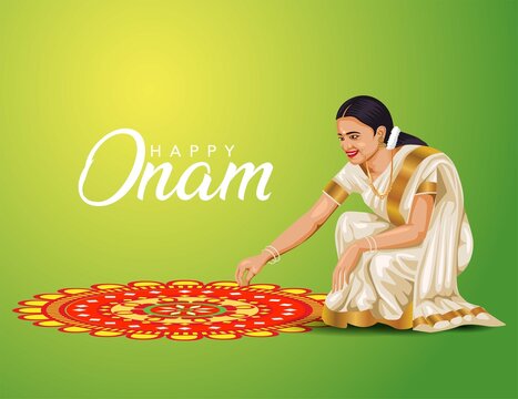 happy onam greetings vector illustration. illustration of woman making pookalam for onam