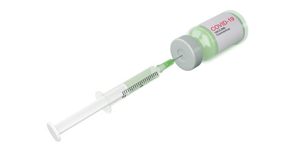 Covid-19 vaccine bottle with syring, coronavirus vaccine, 3d rendering illustration